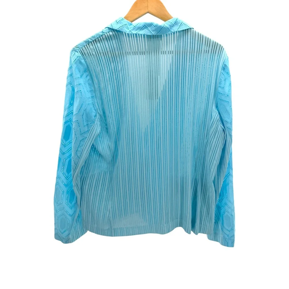 Chico's Celebration Eyelet Blazer Aria Aqua Blue Geometric Knit Jacket 2 L New